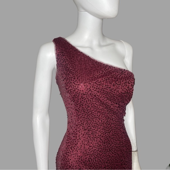 Adrianna Papell Burgundy One Shoulder Mermaid Style Sequins Dress - Picture 2 of 5